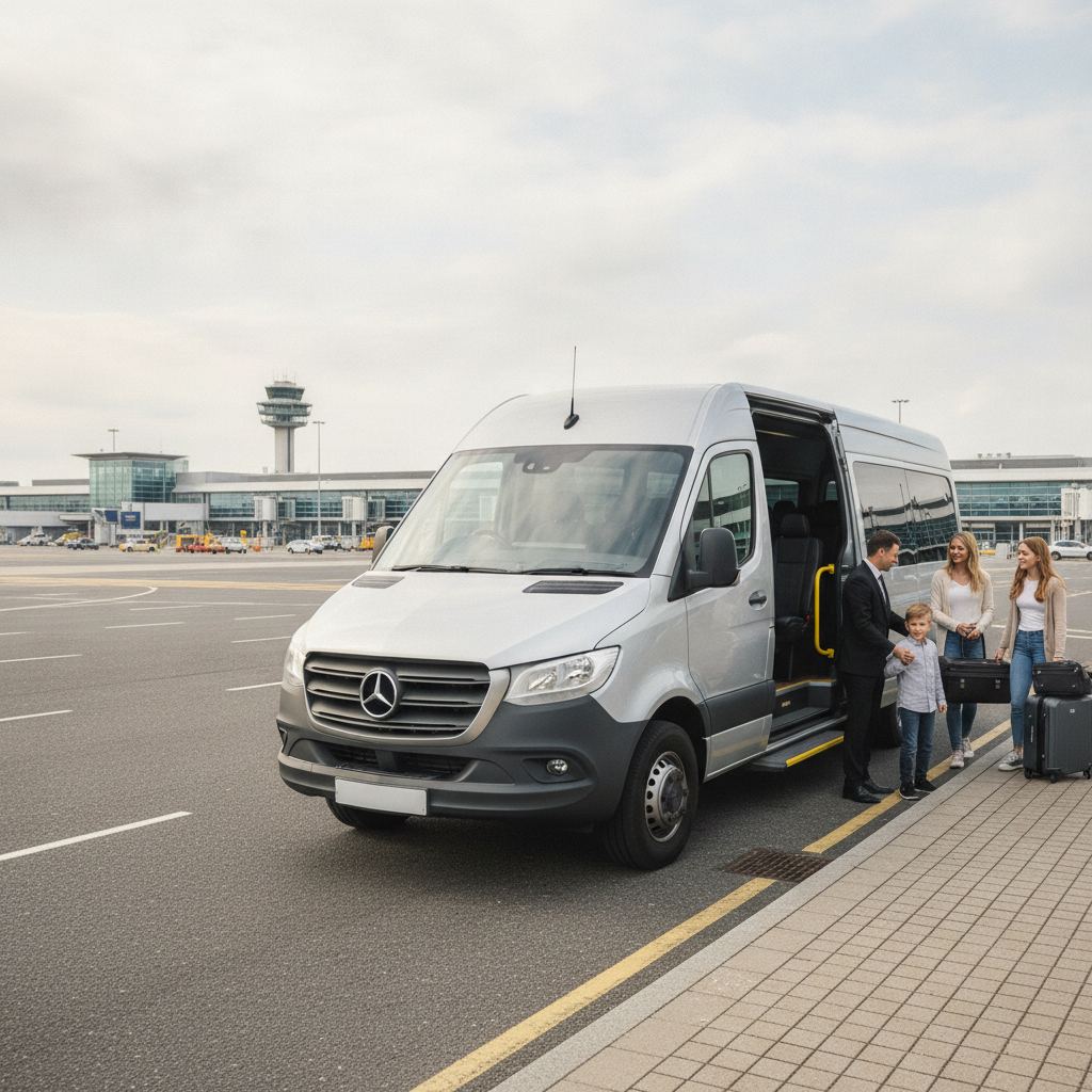 Family Travel to Stansted: Making Airport Runs Stress-Free. — executive minibus meeting a group at Stansted Airport