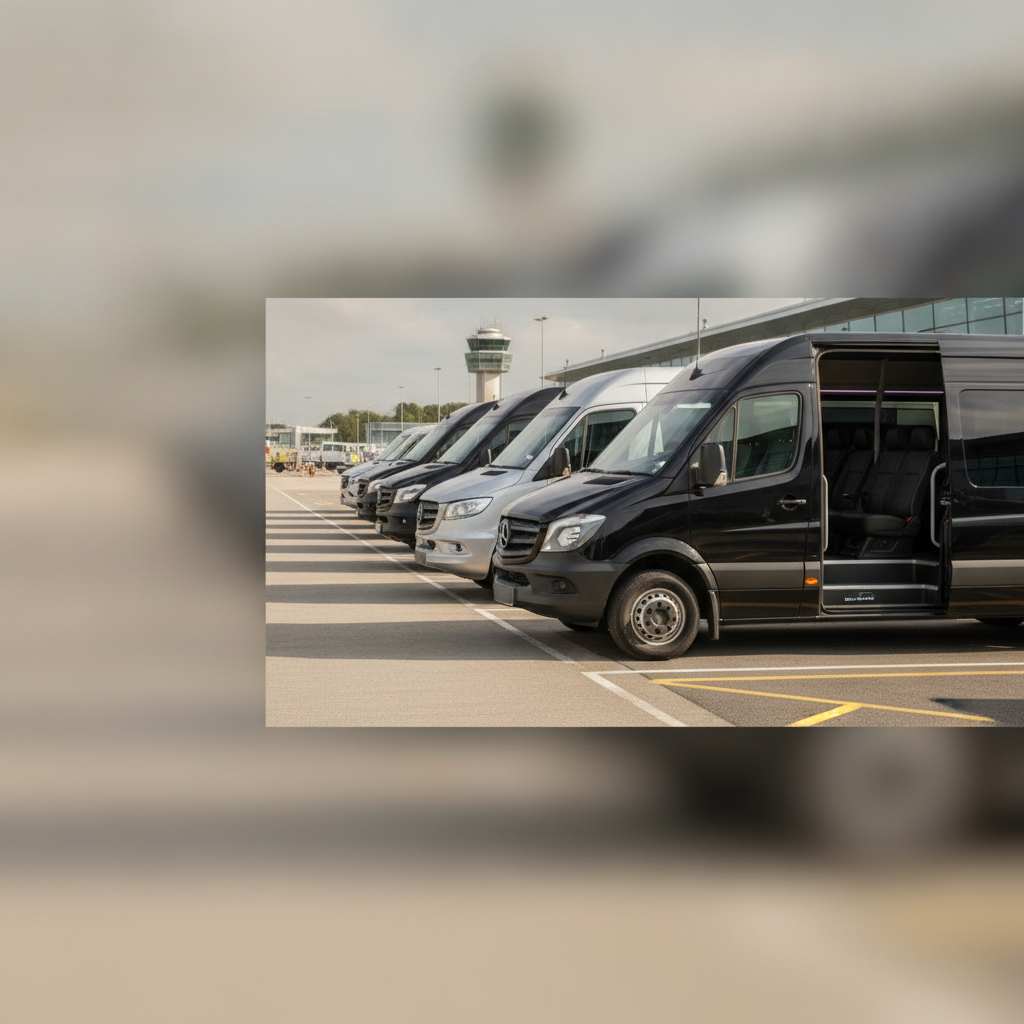 Home — executive minibus meeting a group at Stansted Airport