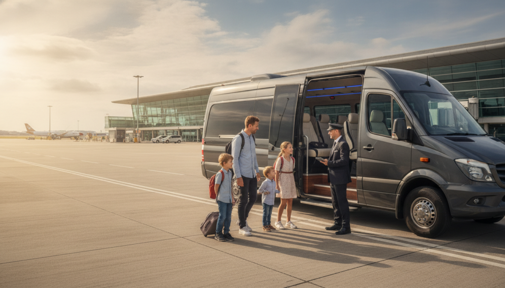 Summer Holidays from Stansted: Booking Your Family Minibus Early. — executive minibus meeting a group at Stansted Airport