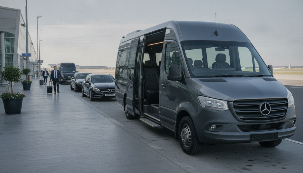 Streamlining Corporate Travel: Stansted Minibus Solutions for Efficiency. — executive minibus meeting a group at Stansted Airport